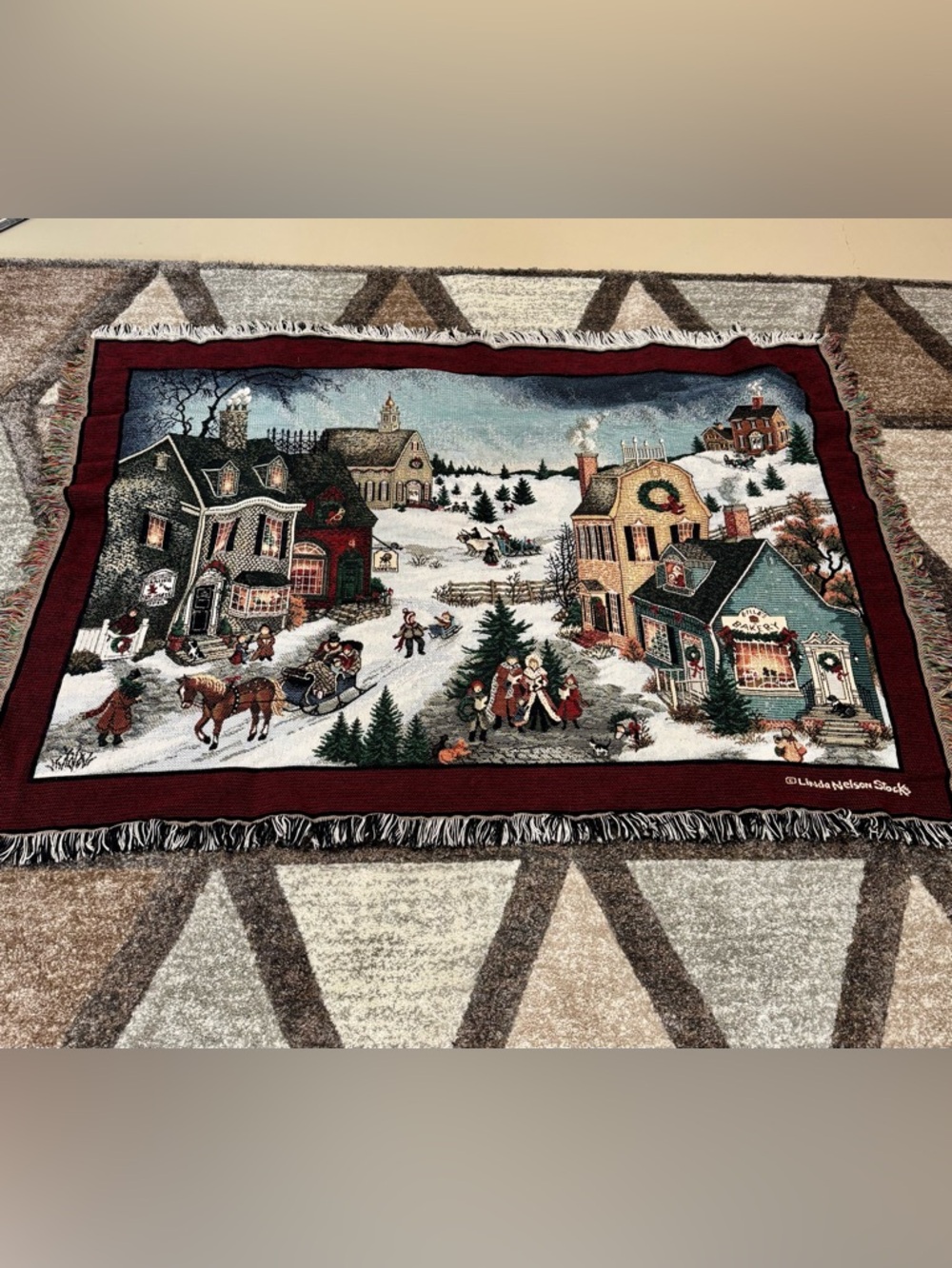 Holiday Village Tapestry Throw Blanket Linda Nelson Stocks by Goodwin Weavers